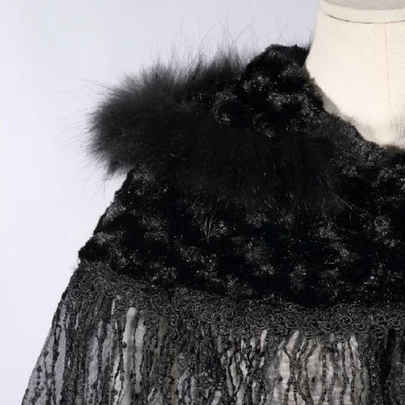Gothic Lolita Steampunk Victorian Adorable Plush Fur & Lace Black Hooded Cape OS - Picture 2 of 11